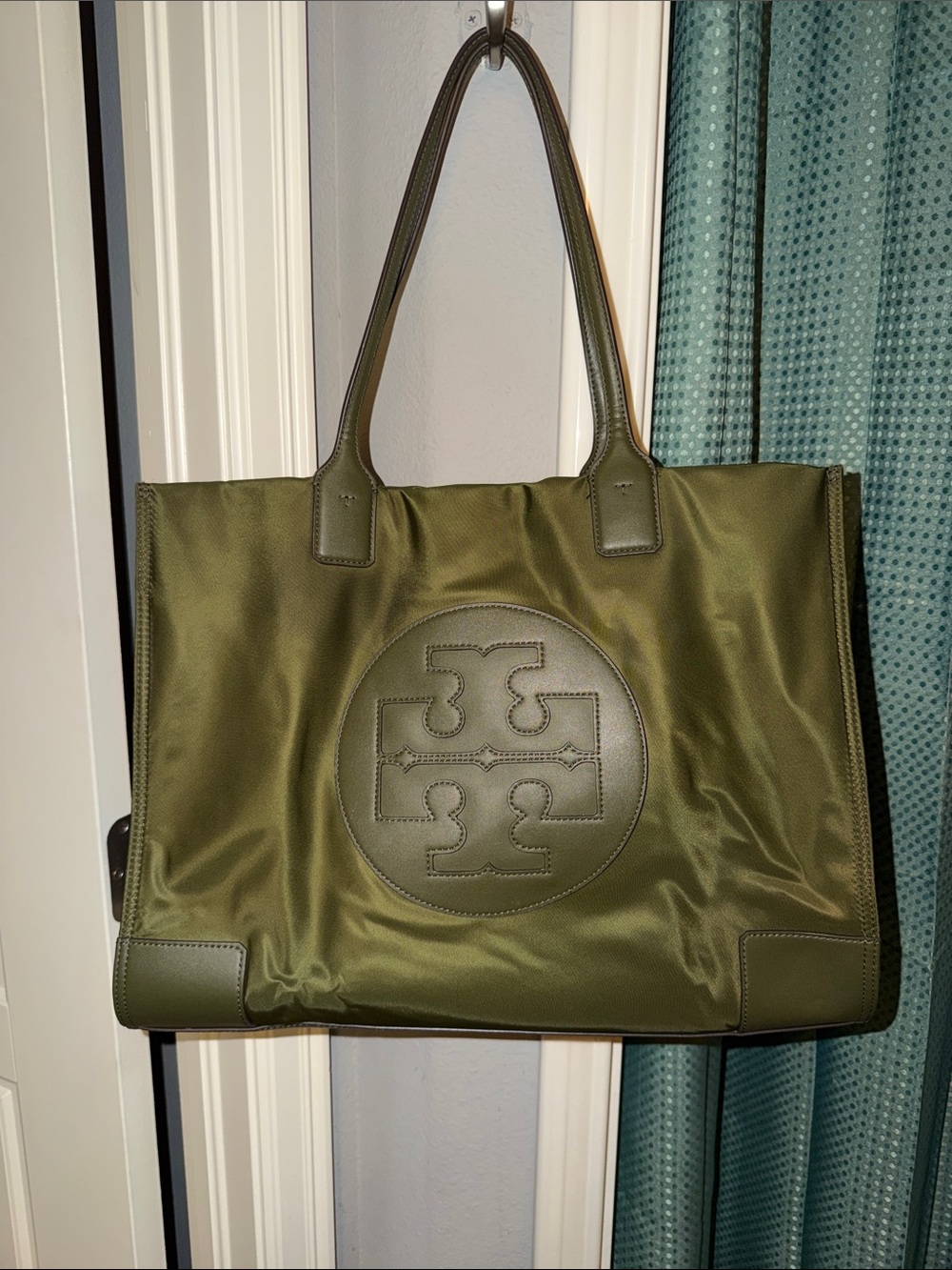 Tory Burch Olive Green Logo Nylon Tote